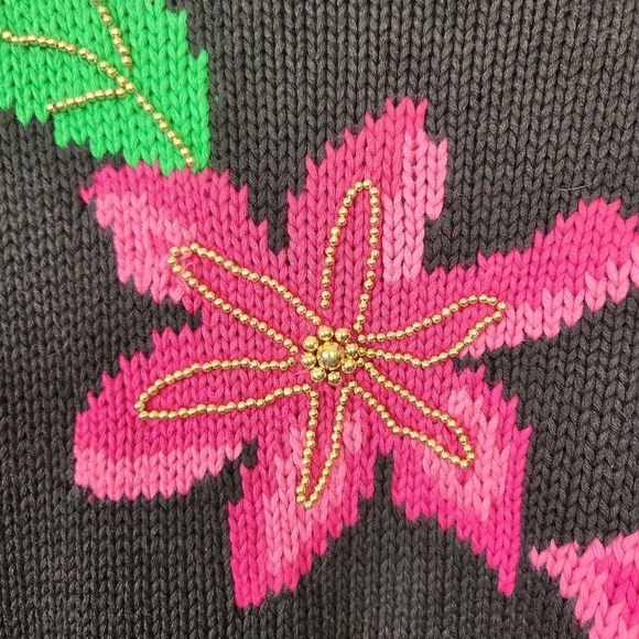 Vintage Oversized Pink Black Floral Knit Sweater High Neck Gold Beaded Size Med - Picture 7 of 10